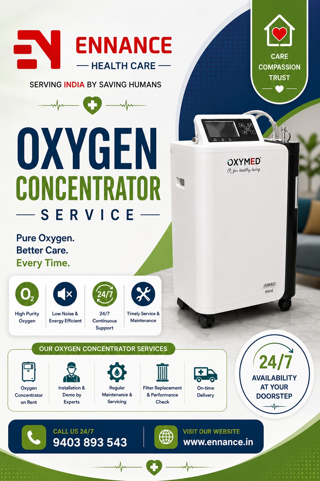 Best & Top Oxygen Concentrator Machine Dealer in Thattarambalam | Main Medical Oxygen & Oxygen Machine Dealer | 24×7 Rental, Sales & Supply | Ennance Healthcare | 9995250750