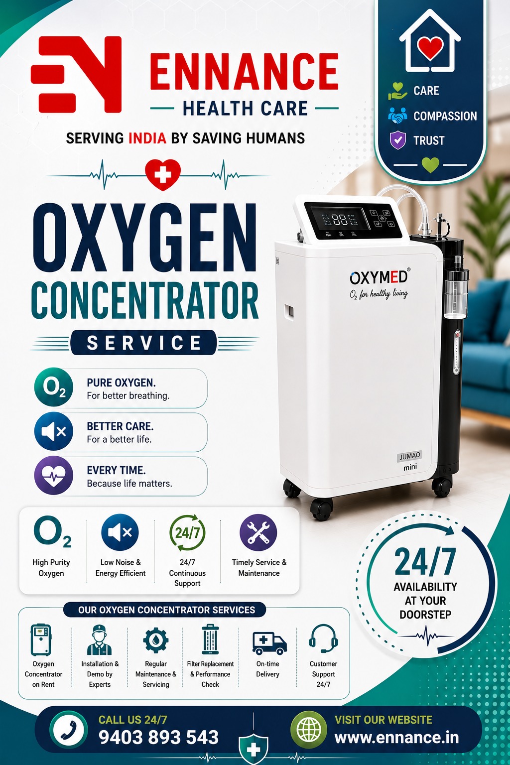 Best & Top Oxygen Concentrator Machine Dealer in Kattanam | Main Oxygen Machine & Medical Oxygen Dealer | 24×7 Rental, Sales & Supply | Ennance Healthcare | 9995250750