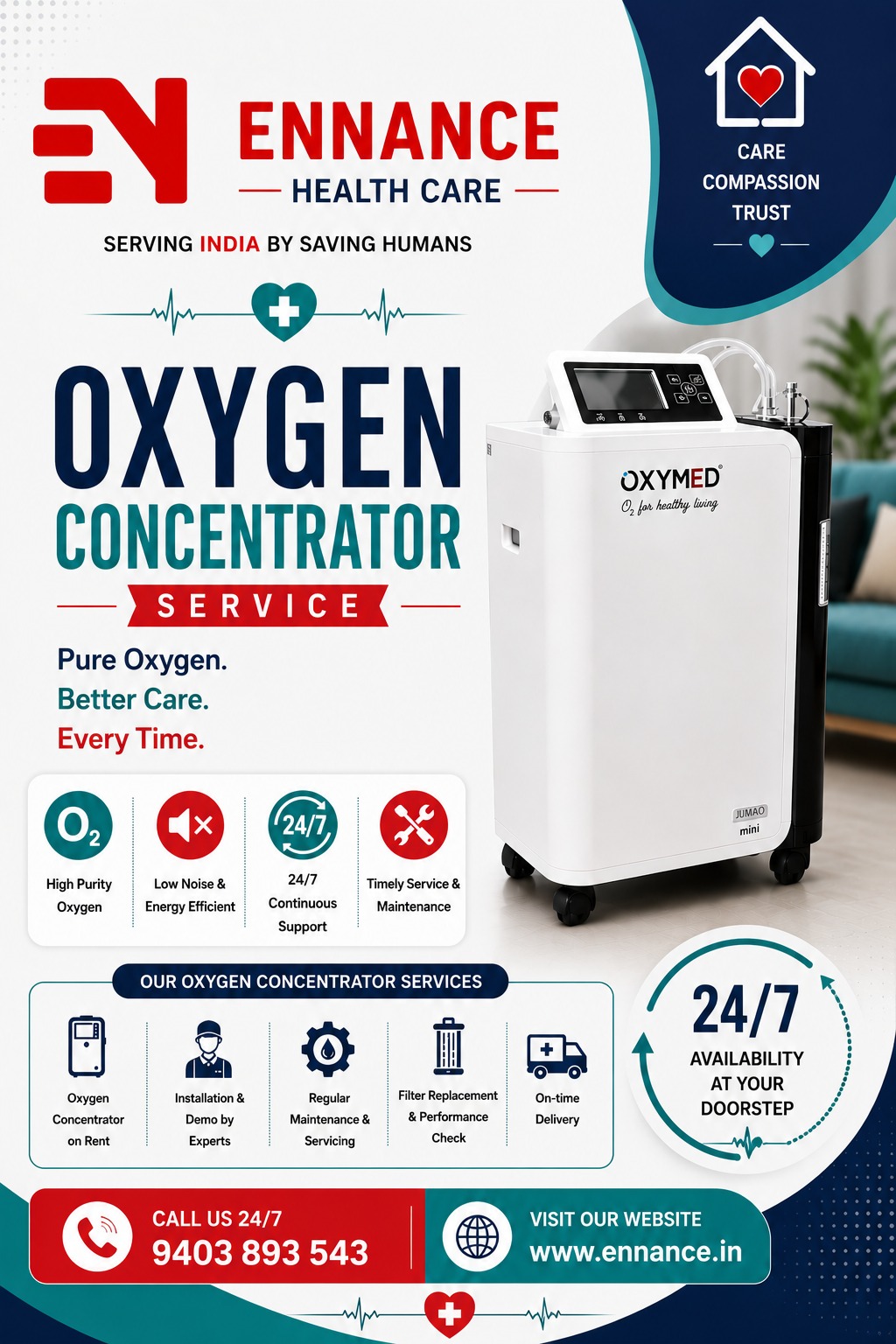 Best & Top Oxygen Concentrator Machine Dealer in Haripad | Main Medical Oxygen & Oxygen Machine Dealer | 24×7 Rental, Sales & Supply | Ennance Healthcare | 9995250750