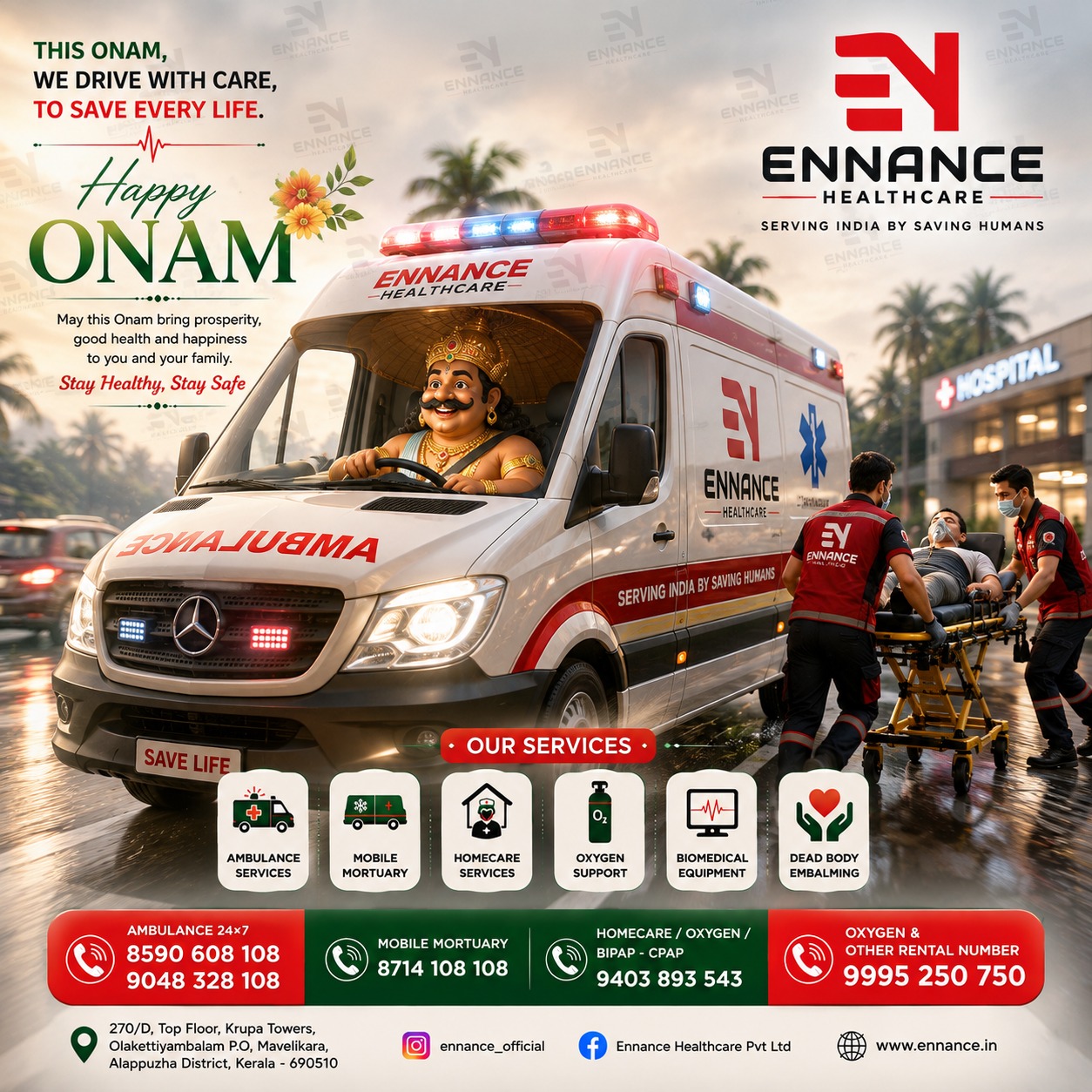 Happy Onam 2026 Wishes from Ennance Healthcare | Mahabali with Ambulance | 24×7 Ambulance, Medical Oxygen, Homecare & Healthcare Services Kerala