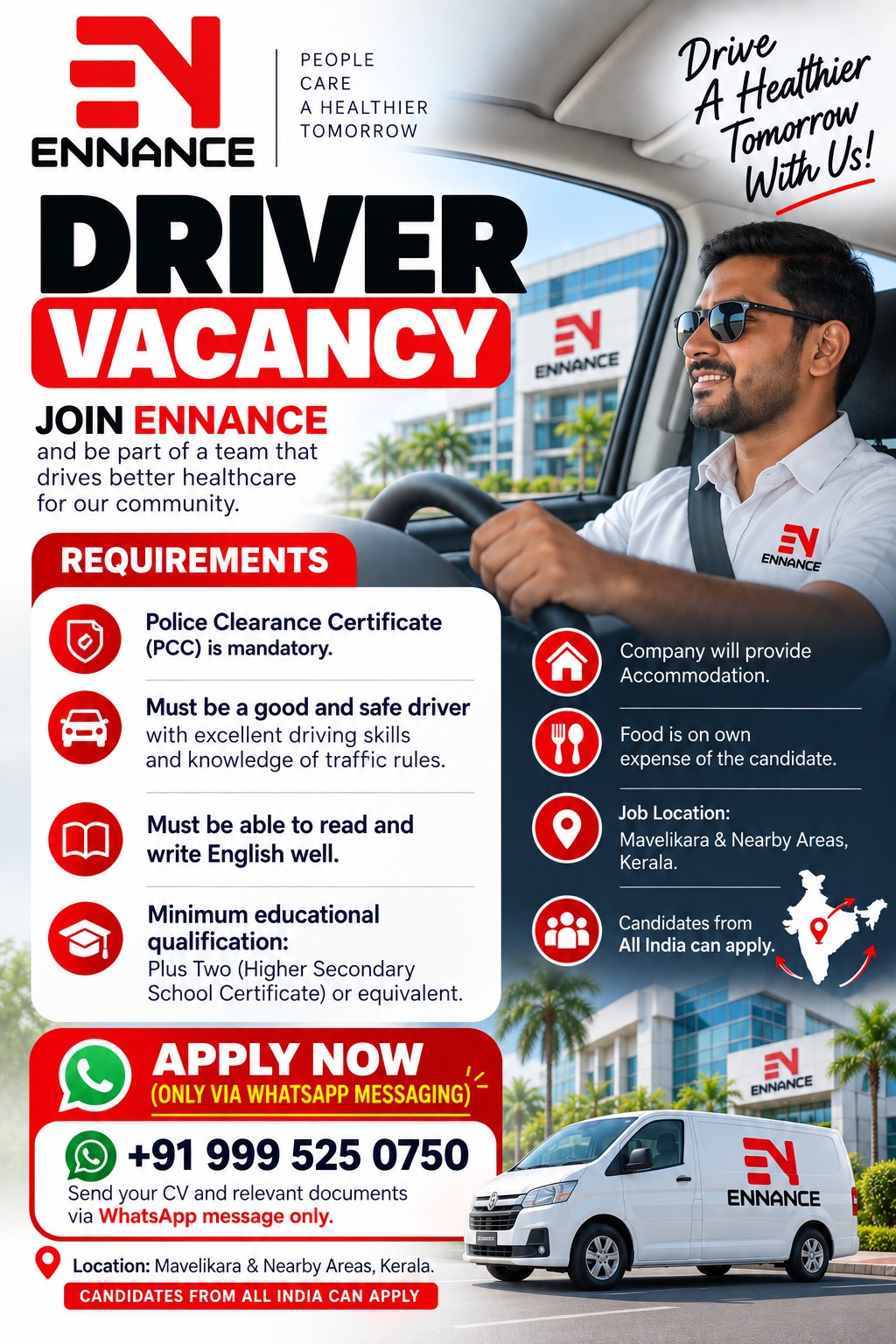 Driver Vacancy in Kerala 2026 – All India Candidates Can Apply | Ennance Healthcare Mavelikara