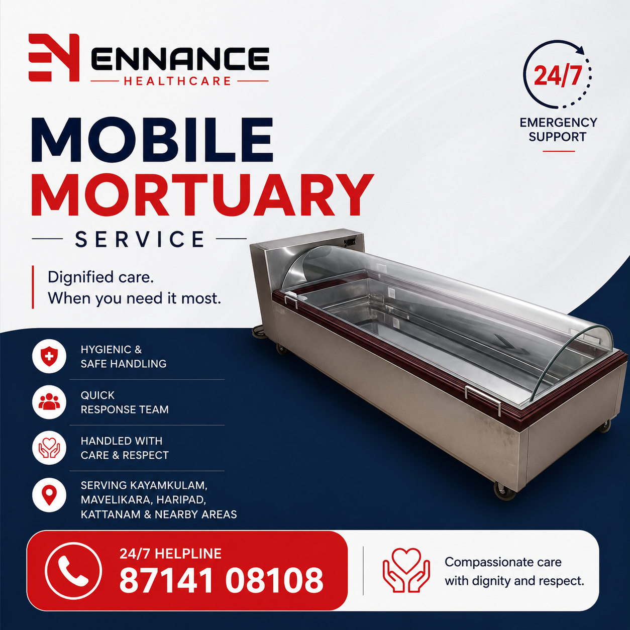 Best & Top Leading Mobile Mortuary Service in Krishnapuram, Kayamkulam, Haripad & Nearby Areas – 24/7 Freezer Box & Dead Body Preservation Service | Ennance Healthcare 14052026