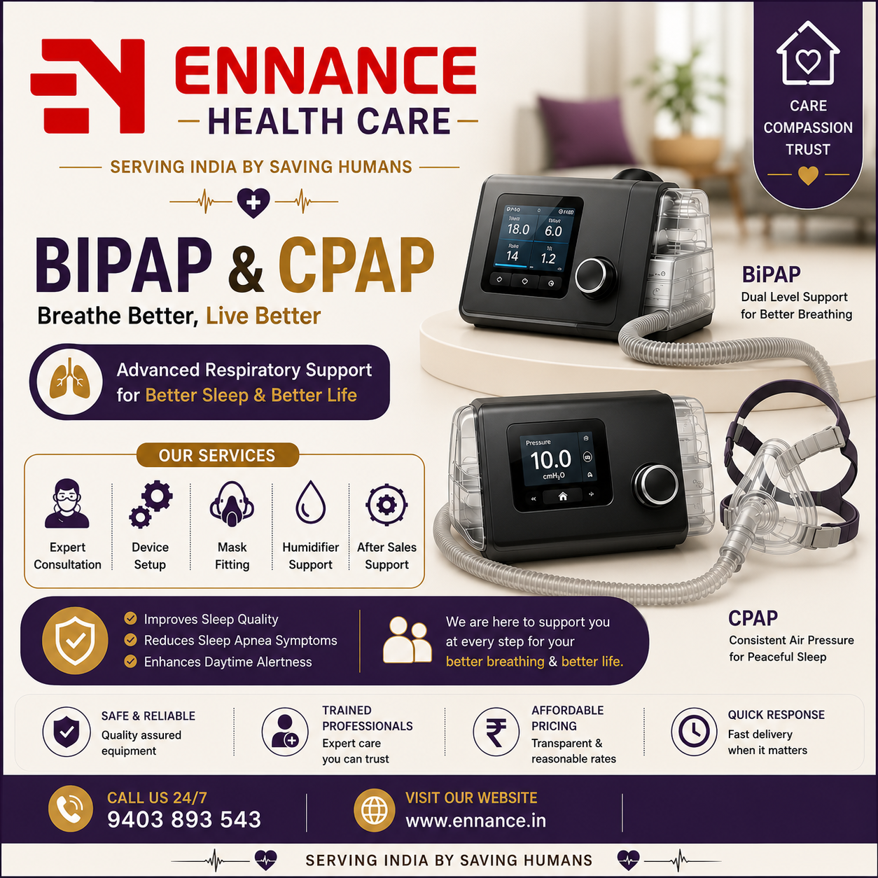 Best & Top Leading BiPAP and CPAP Machine Supply in Kayamkulam, Haripad & Nearby Areas – 24/7 Respiratory Support Equipment Service | Ennance Healthcare 14052026