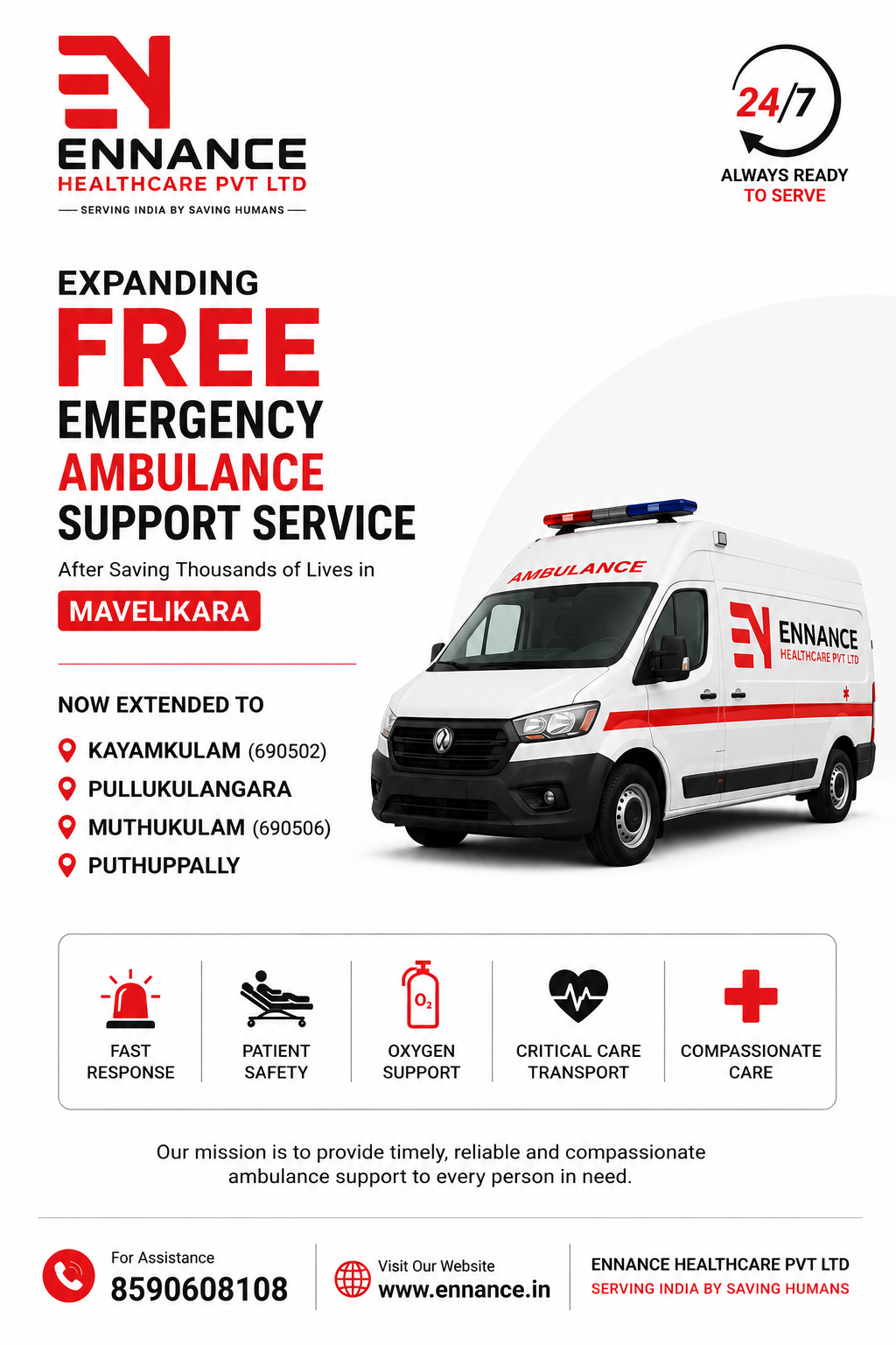 Ennance Healthcare Launches Free Emergency Ambulance Life-Saving Service in Kayamkulam, Pullukulangara, Muthukulam & Puthuppally