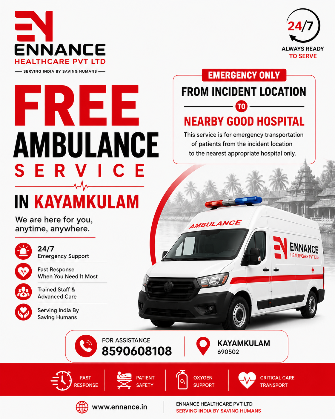 Free Emergency Ambulance Service in Kayamkulam – Fast Life-Saving Ambulance Support by Ennance Healthcare