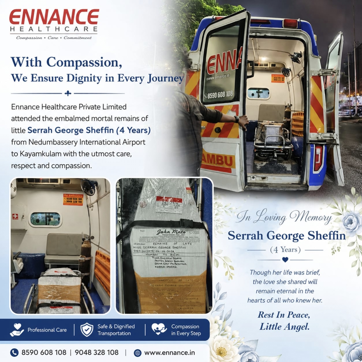 Final Tribute to Serrah George Sheffin | Compassionate Mortuary & Dead Body Transportation Service by Ennance Healthcare Kerala