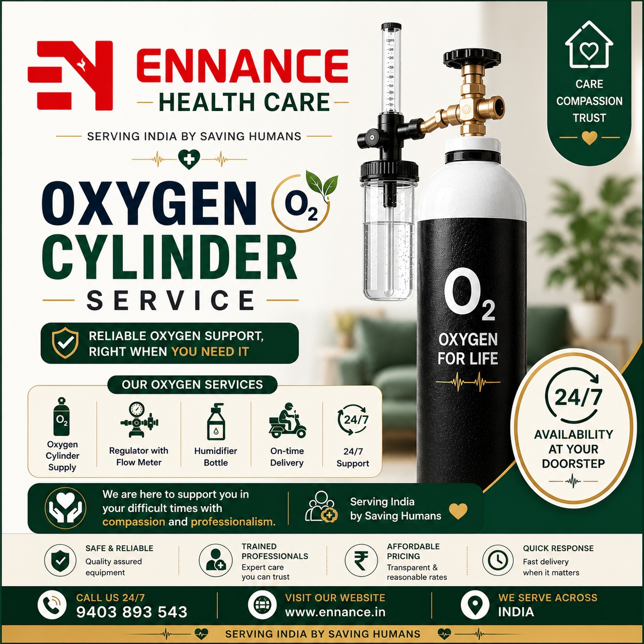 Best Oxygen Cylinder Supply Service in Thattarambalam, Mavelikara | 24 Hour Oxygen Cylinder Delivery | Ennance Healthcare Private Limited