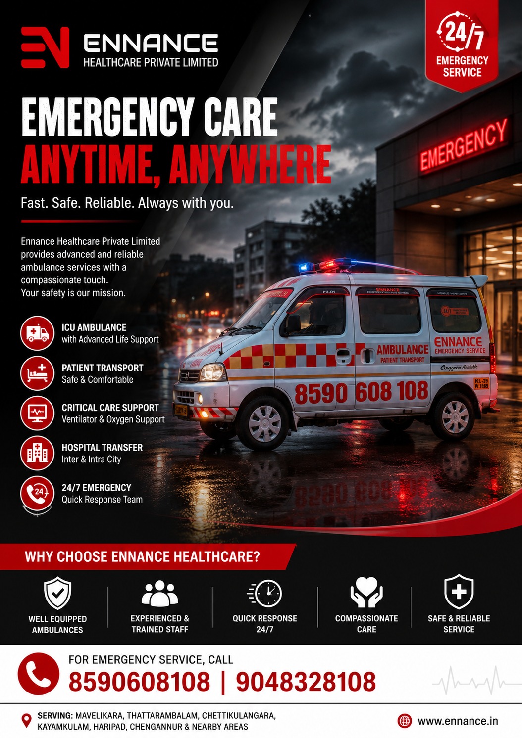 Best & Top Leading Ambulance Service in Kurathikad, Mavelikara | 24/7 ICU, ALS & Patient Transport Ambulance | Ennance Healthcare Private Limited | Call 8590608108, 9048328108