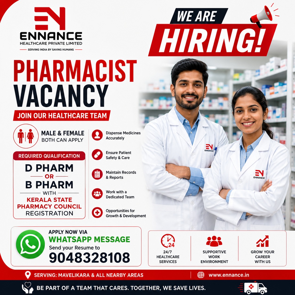 Pharmacist Vacancy in Kerala | D.Pharm & B.Pharm Jobs | Male & Female | Ennance Healthcare Private Limited | Apply via WhatsApp 9048328108