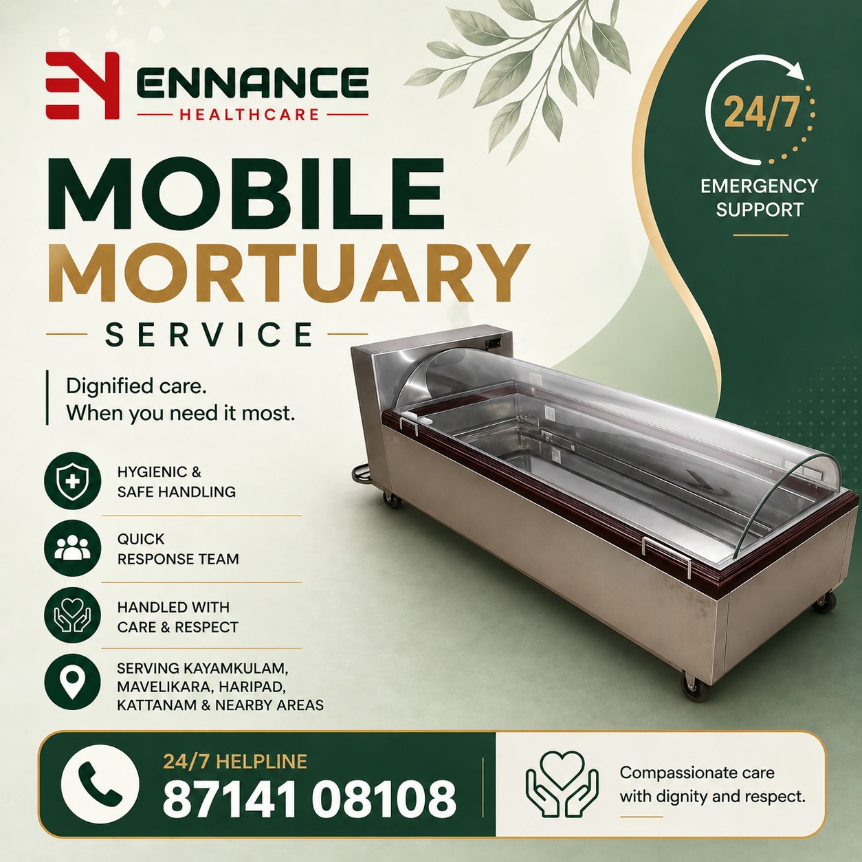 Best & Top Leading Mobile Mortuary Service in Chettikulangara, Mavelikara | 24/7 Dead Body Freezer Van & Mortuary Vehicle | Ennance Healthcare Private Limited | Call 8714108108