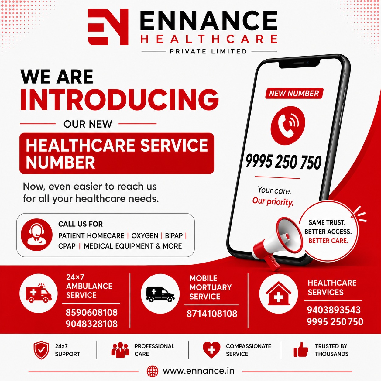 24×7 On-Call Patient Homecare, Oxygen Supply & Medical Equipment Services – New Contact Number 9995250750, Ennance Healthcare Introduces a New Healthcare Service Contact Number