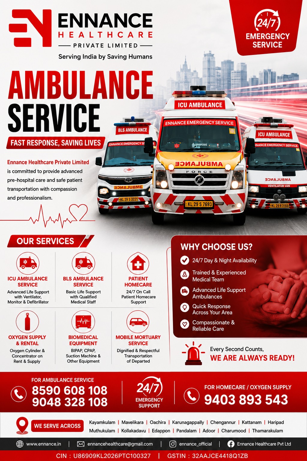 24×7 Ambulance Service in Clappana, Vallikavu, Kulasekarapuram, Njakanal & Oachira  ICU Ambulance, D Level Ambulance & Oxygen Ambulance  Ennance Healthcare Private Limited  Call 8590608108  9048328108