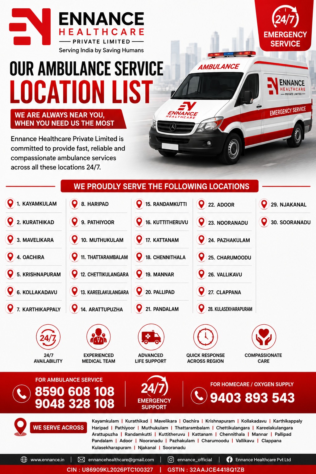 Best 24 Hour ICU & BLS Ambulance Service Across Alappuzha, Kollam & Pathanamthitta | Ennance Healthcare