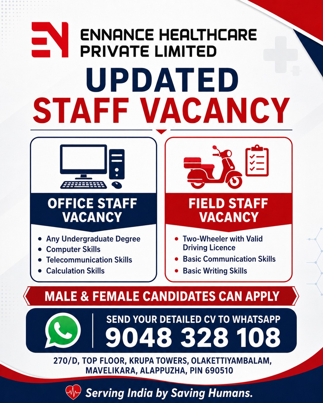 Office Staff & Field Staff Vacancy in Mavelikara | Ennance Healthcare Private Limited