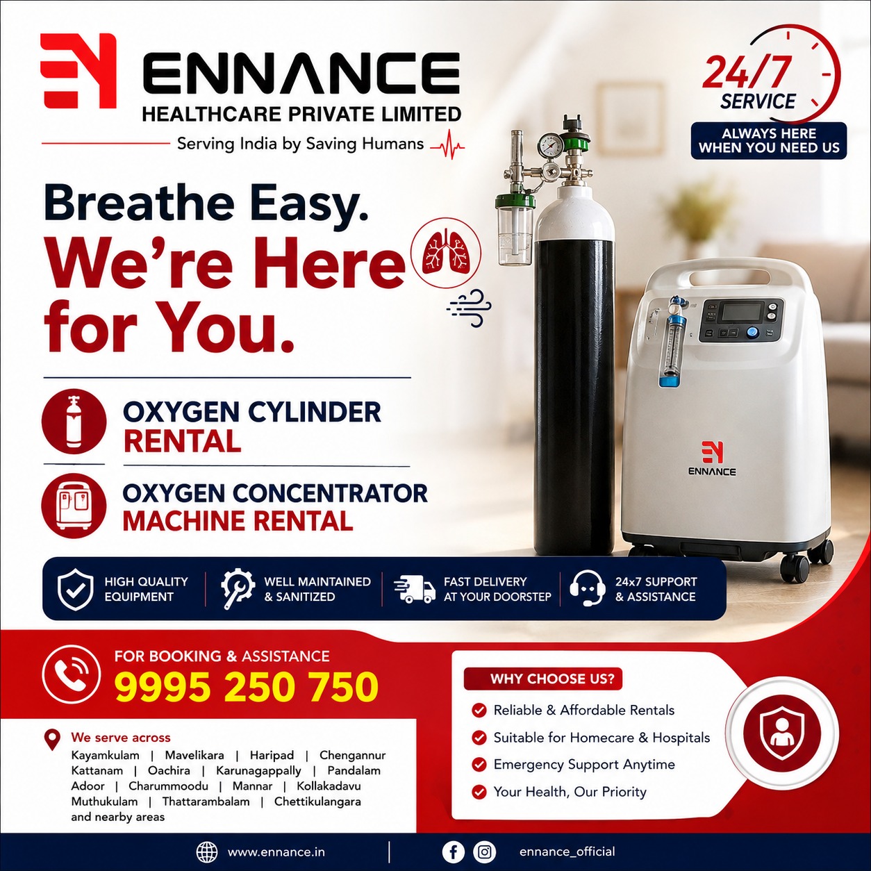 Oxygen Cylinder Rental & Oxygen Concentrator Machine Rental in Kerala | 24×7 Home Oxygen Support | Ennance Healthcare Private Limited | Call 9995250750