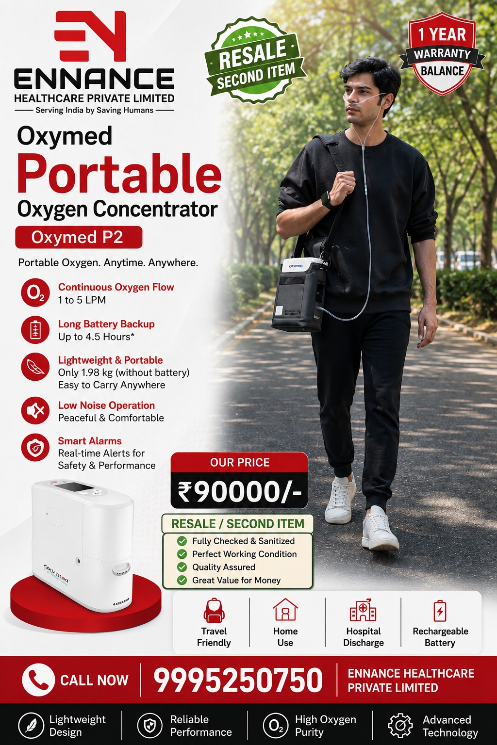 Oxymed P2 Portable Oxygen Concentrator for Sale in Kerala | Resale Oxygen Concentrator with 1 Year Warranty Balance | ₹90,000 | Ennance Healthcare