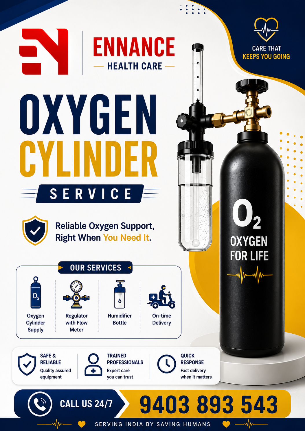 24×7 Oxygen Dealer in Kayamkulam, Mavelikara, Oachira, Haripad, Kollakadavu, Kattanam, Charumood & Edappon | Ennance Healthcare | 9995250750