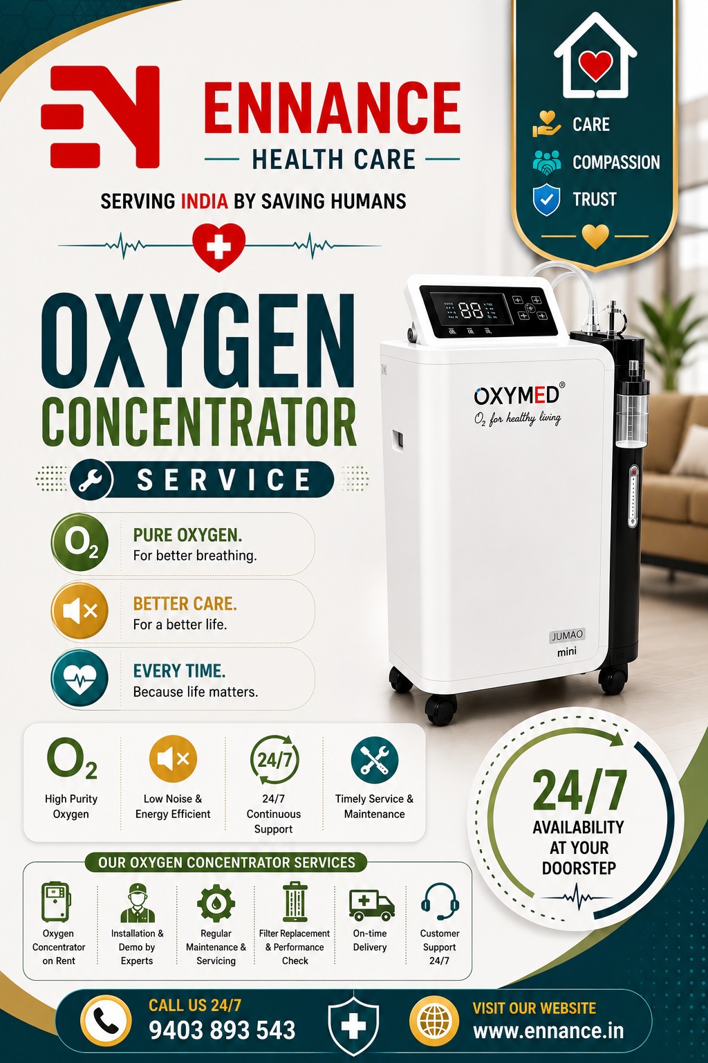 Best & Top Oxygen Concentrator Machine Dealer in Pathiyoor | Main Medical Oxygen & Oxygen Machine Dealer | 24×7 Rental, Sales & Supply | Ennance Healthcare | 9995250750