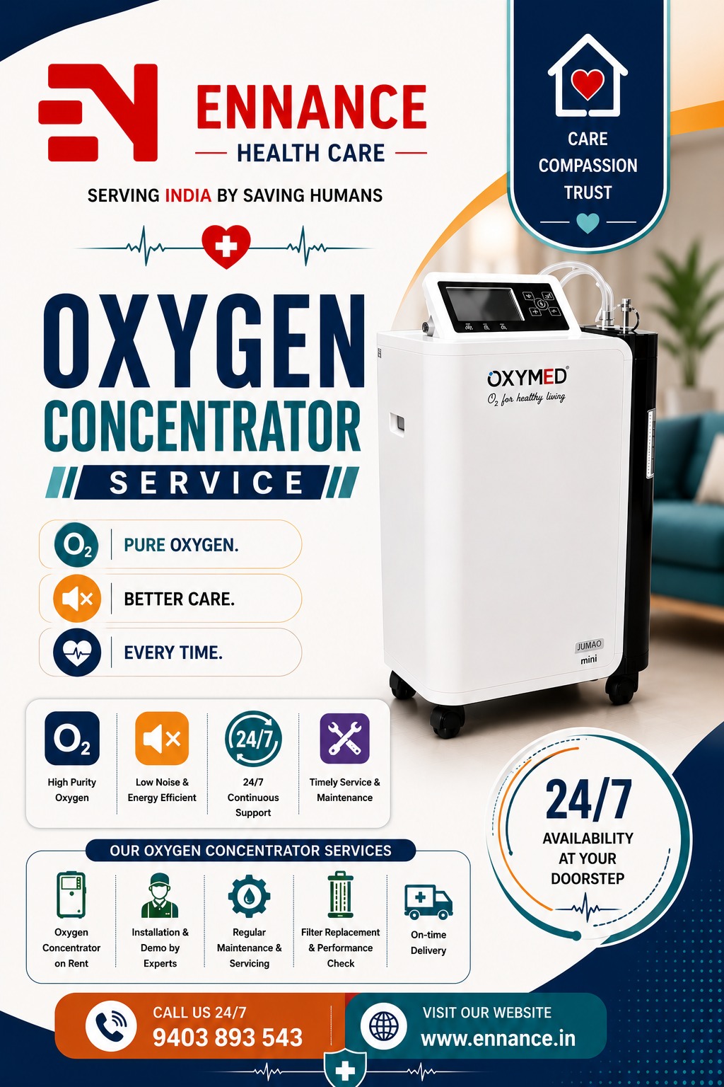 Best & Top Oxygen Concentrator Machine Dealer in Karunagappally | Main Medical Oxygen & Oxygen Machine Dealer | 24×7 Rental, Sales & Supply | Ennance Healthcare | 9995250750