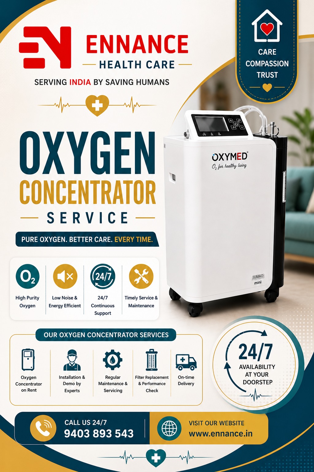 Best & Top Oxygen Concentrator Machine Dealer in Arattupuzha | Main Oxygen Machine & Medical Oxygen Dealer | 24×7 Rental, Sales & Supply | Ennance Healthcare | 9995250750