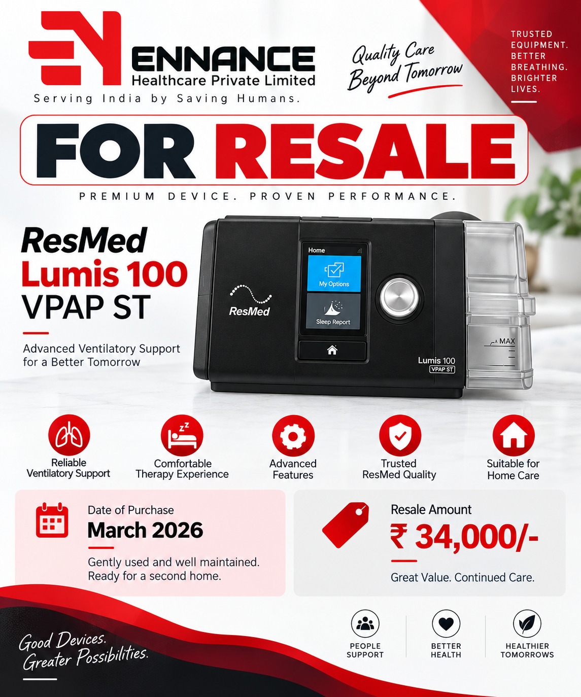 ResMed Lumis 100 VPAP ST for Sale ₹34,000 | Used BiPAP Machine Price in Kerala | Ennance Healthcare