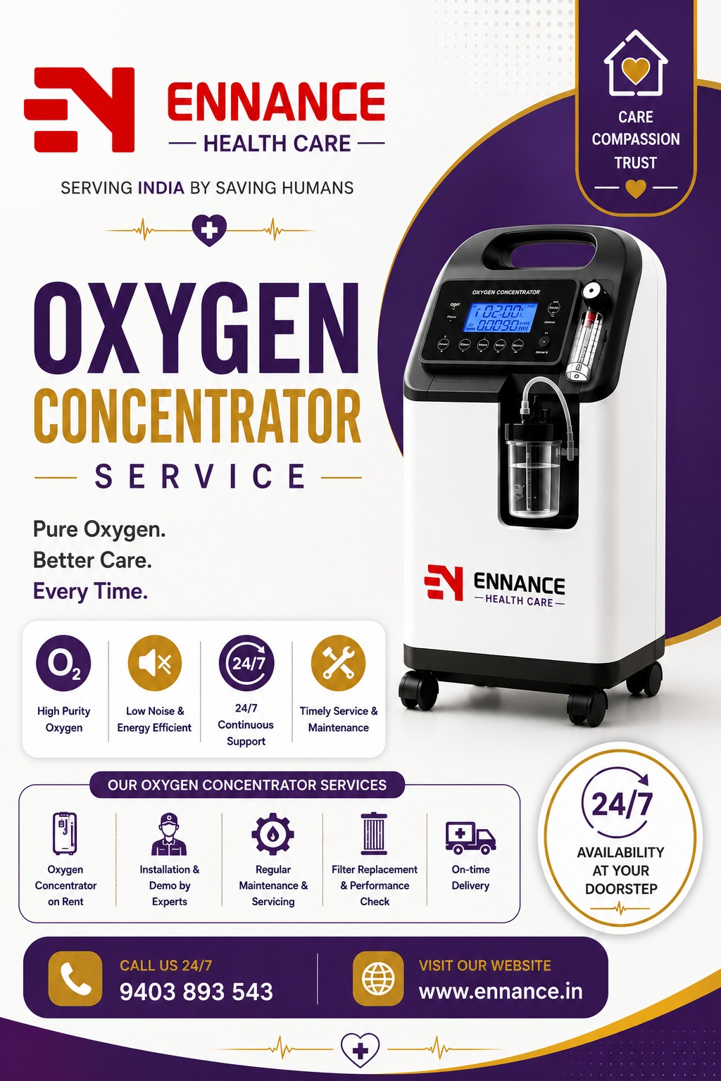 Best Oxygen Concentrator Machine Dealer in Kollakadavu, Chengannur | 24×7 Oxygen Machine Rental & Medical Oxygen Dealer | Ennance Healthcare | 9995250750
