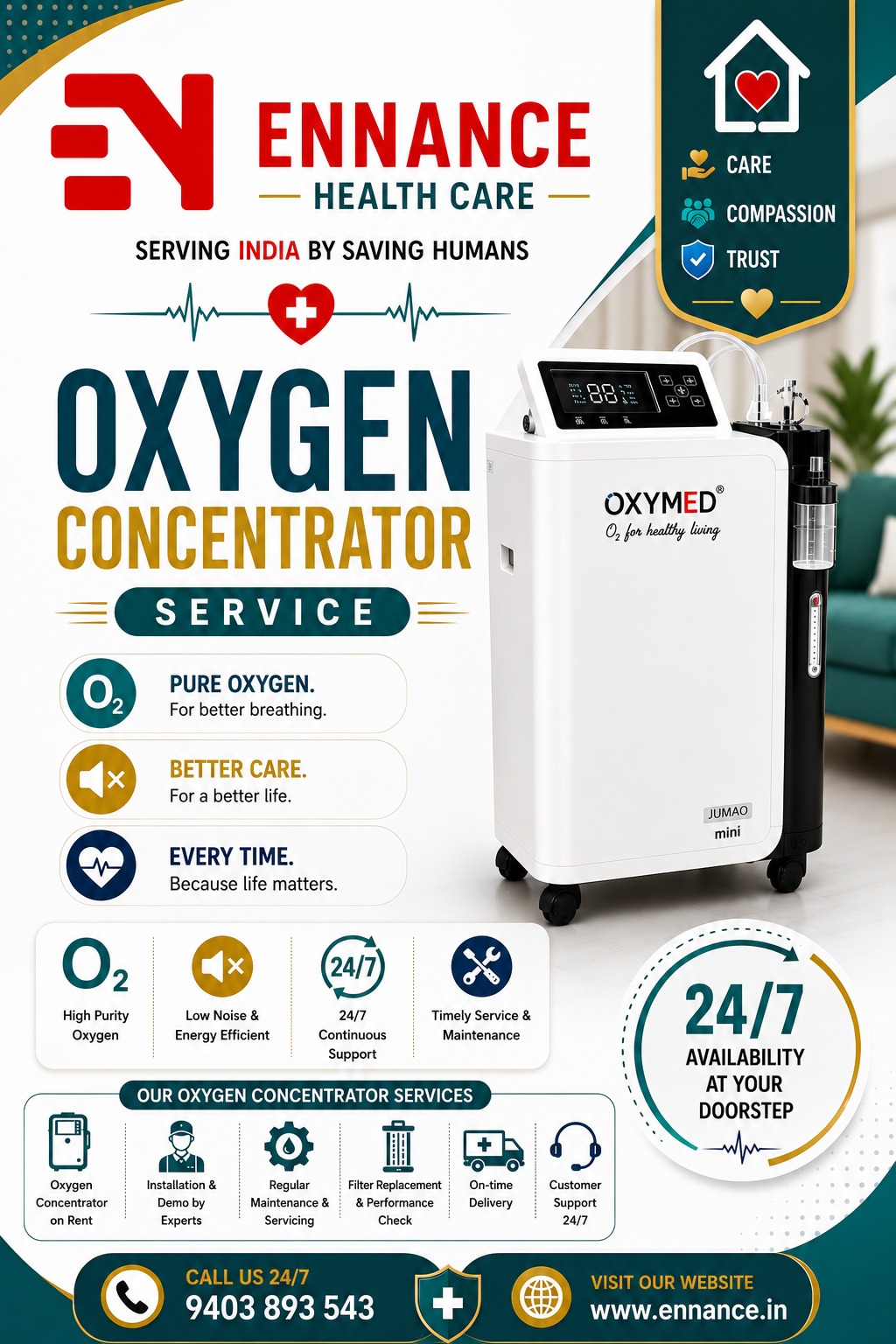 Best & Top Oxygen Concentrator Machine Dealer in Kayamkulam | Main Medical Oxygen Dealer | Oxygen Machine Rental & Sales | Ennance Healthcare | 9995250750